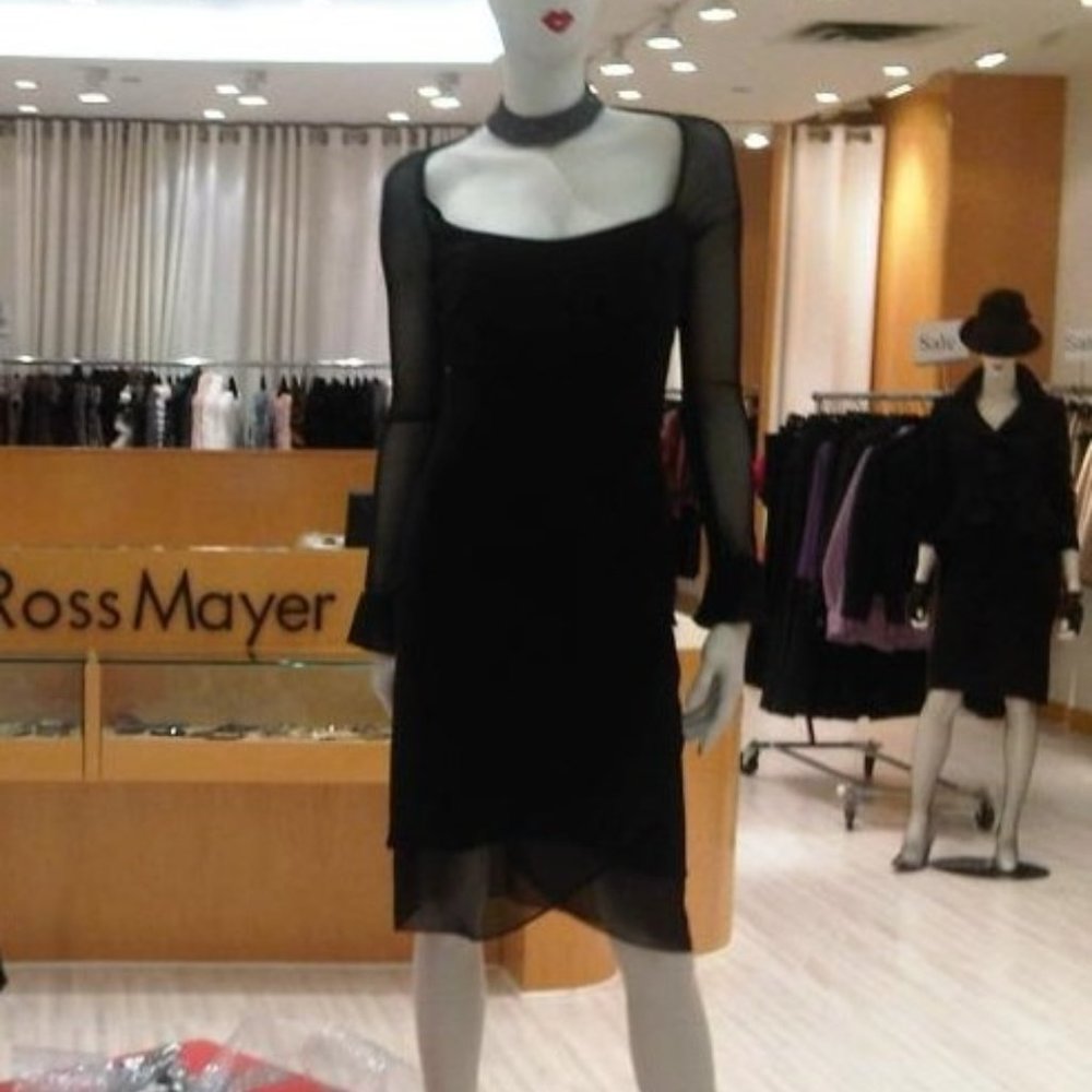 Ross Mayer Black Evening Dress Size 4, Sheer netted back and sleeves